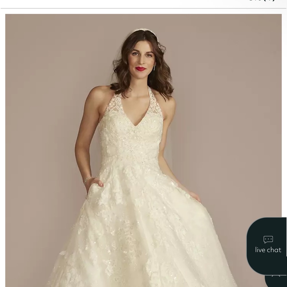 Oleg Cassini v neck halter beaded lace ball gown wedding dress